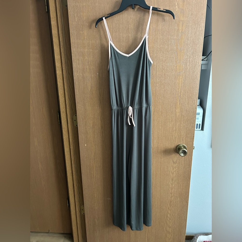 NWOT Wallflower olive green Jumpsuit with Pink Trim